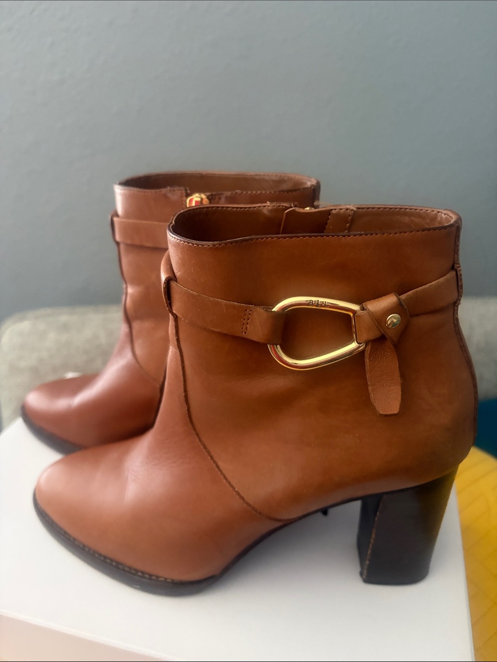Ralph Lauren Cognac Leather Ankle Boots with Gold-Tone Buckle